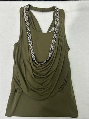 Jennifer Lopez Olive Green Cowl Neck Tank with Silver Chain